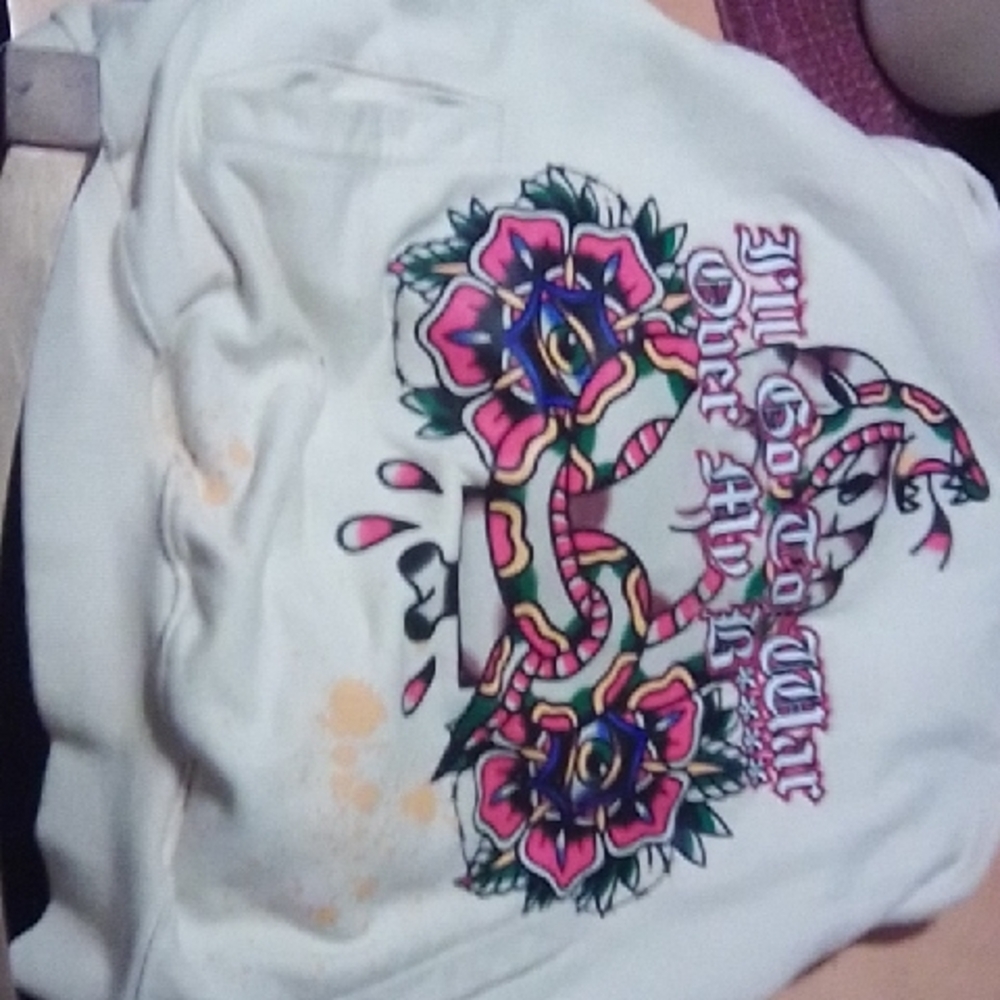 White Graphic Sweatshirt with Colorful Snake and Rose Design